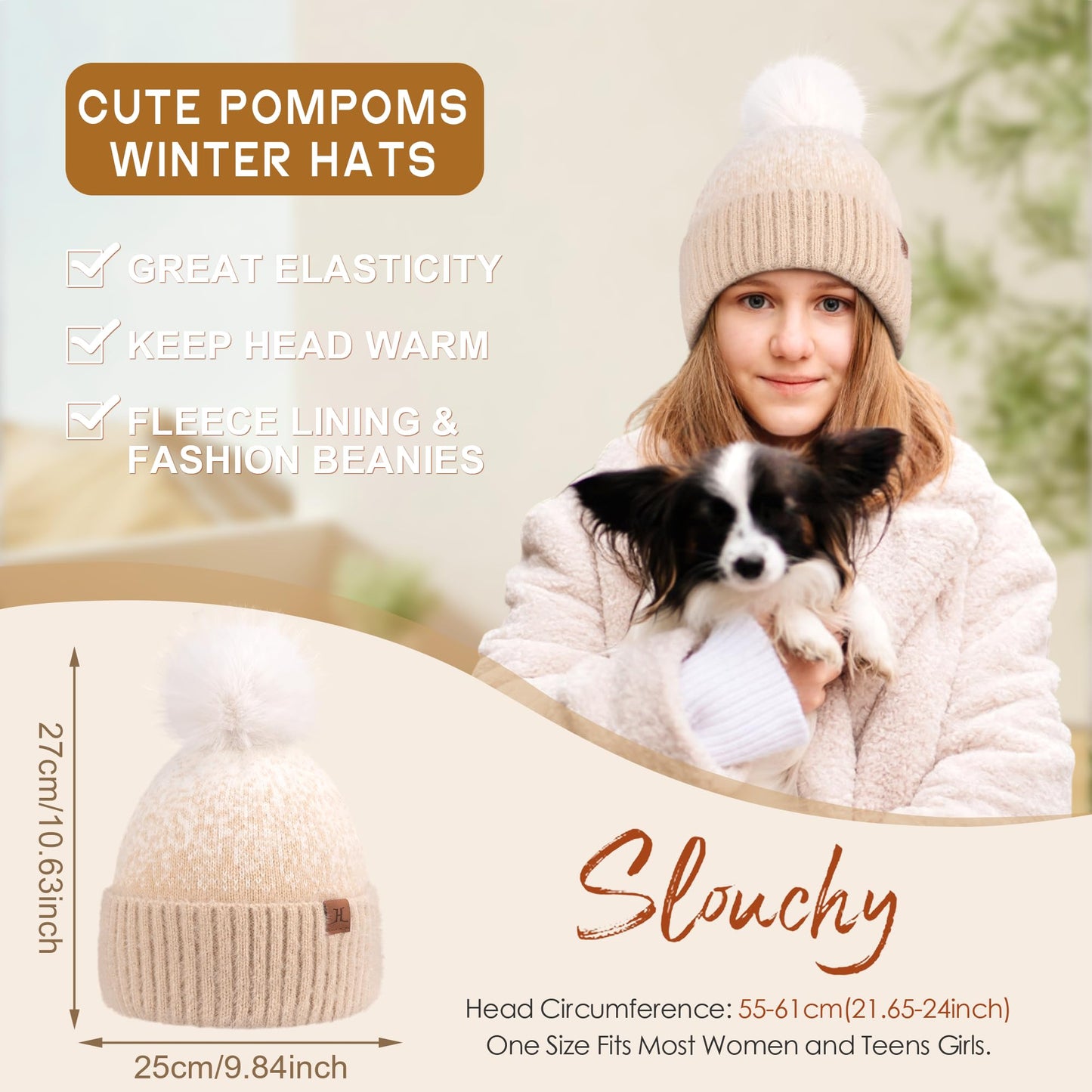 FZ FANTASTIC ZONE Womens Winter Hats Warm Knit Fleece Lined Cap Pompom Beanie Hats for Women Cold Weather Dark Green White