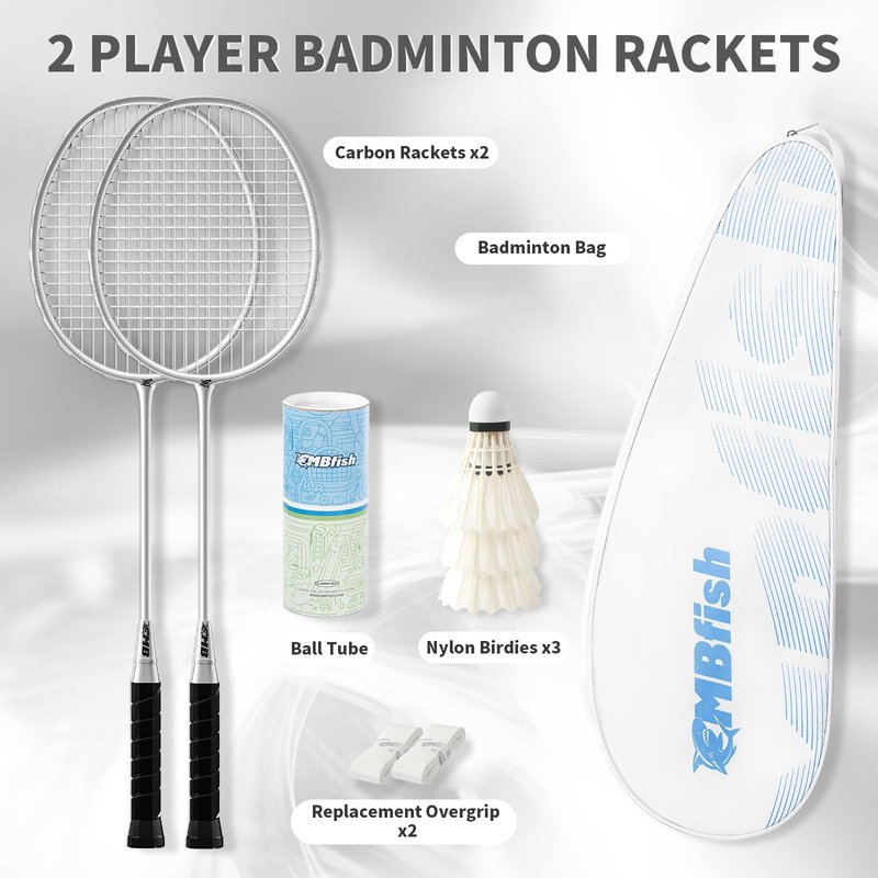 MBFISH Badminton Racket Set with 2 Carbon Fiber Rackets, 3 Shuttlecocks, 2 Replacement Racket Grip Tapes and 1 Badminton Bag - Perfect for Beginners & Outdoor Games 4U Sliver 2P