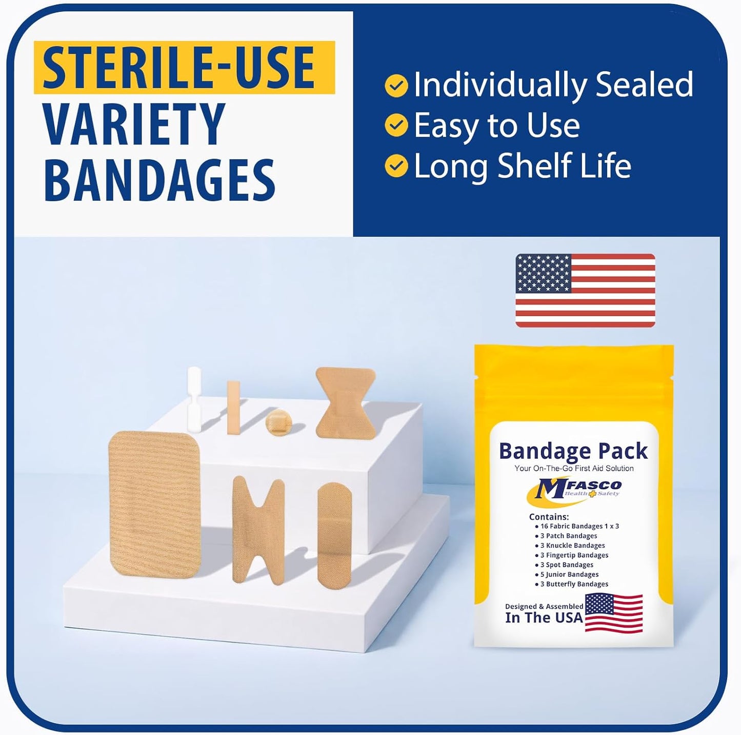 MFASCO First Aid Kit Bandage Refill Pack - Assorted Fabric Bandaids for Quick Relief - Small & Portable