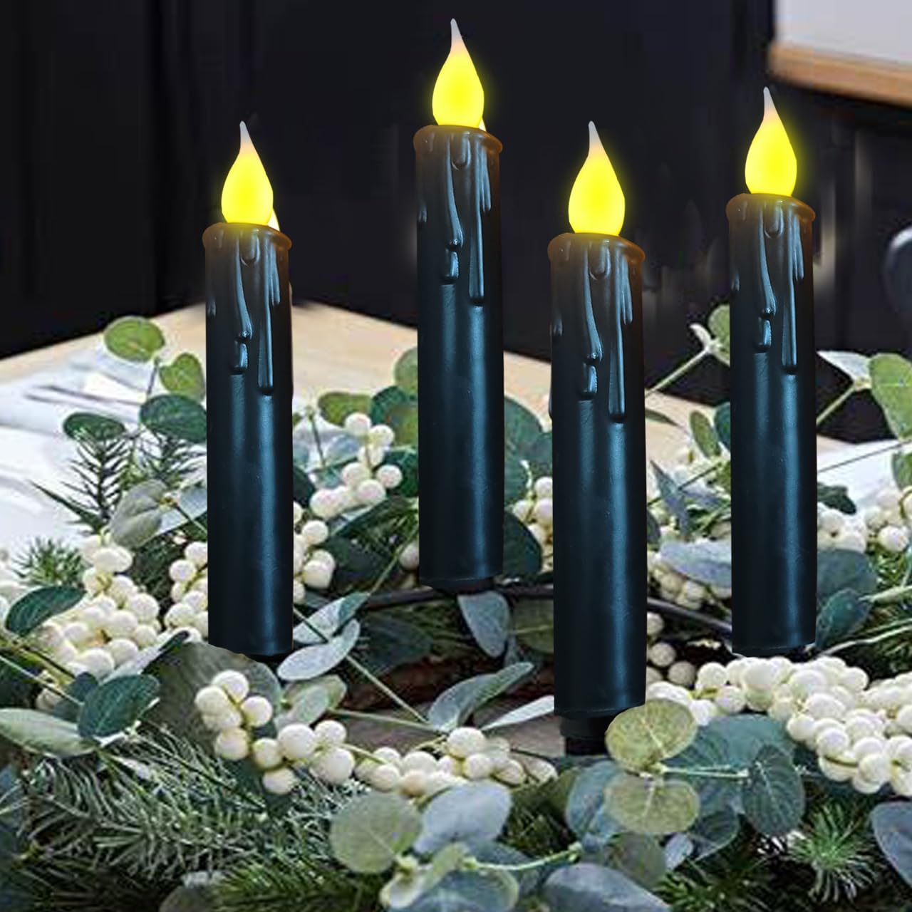 LINCOUNTRY.Primitive Wax Black Flameless Taper Candles Flickering Led Dripped Battery Operated Taper Candles with Timer,6.75 Inch 3D Wick, Christmas Home Halloween Fireplace Decor