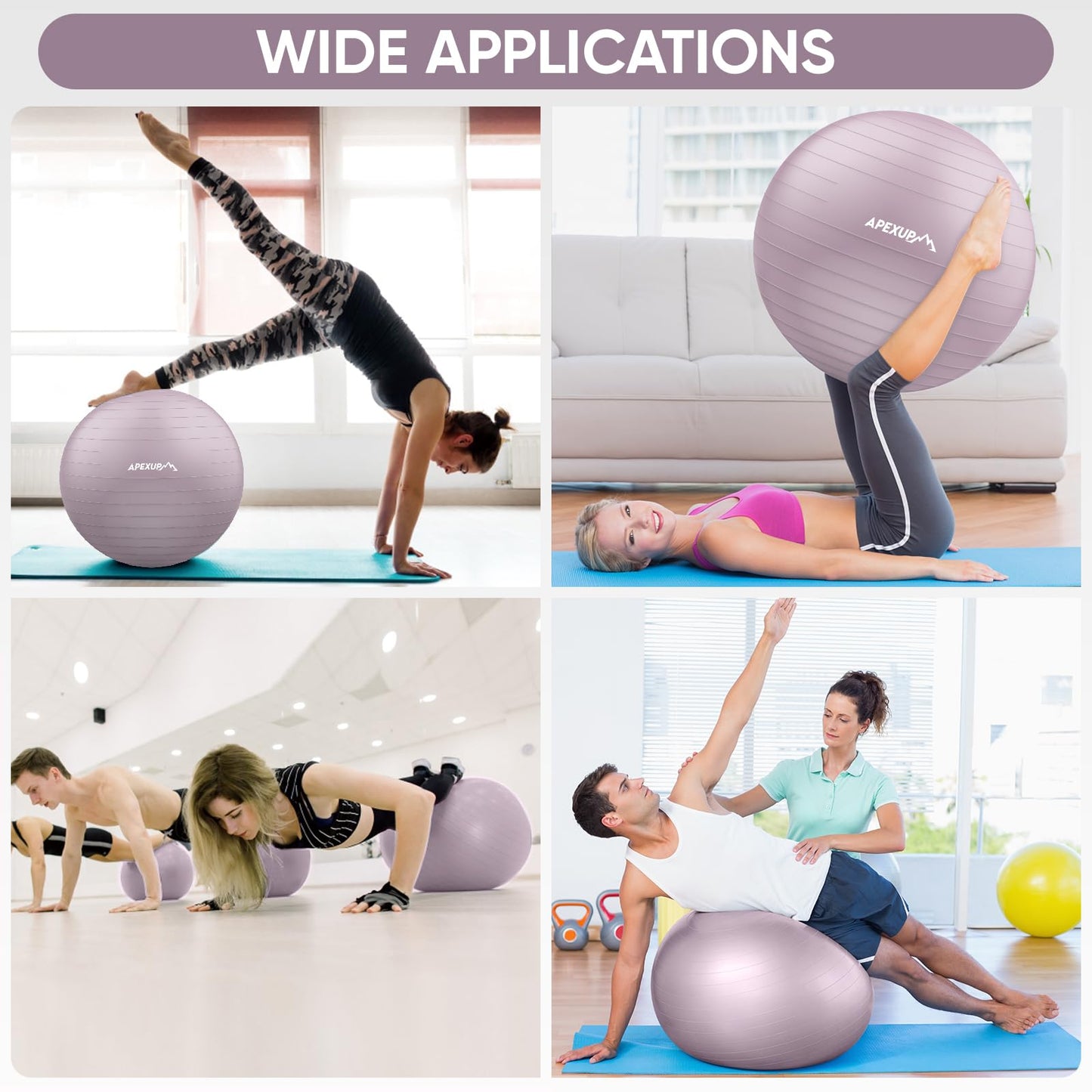 APEXUP Yoga Ball, 660 lbs Anti-Burst Exercise Ball with Pump, 5 Sizes (XXL(31"~34") 85cm, Mauve)
