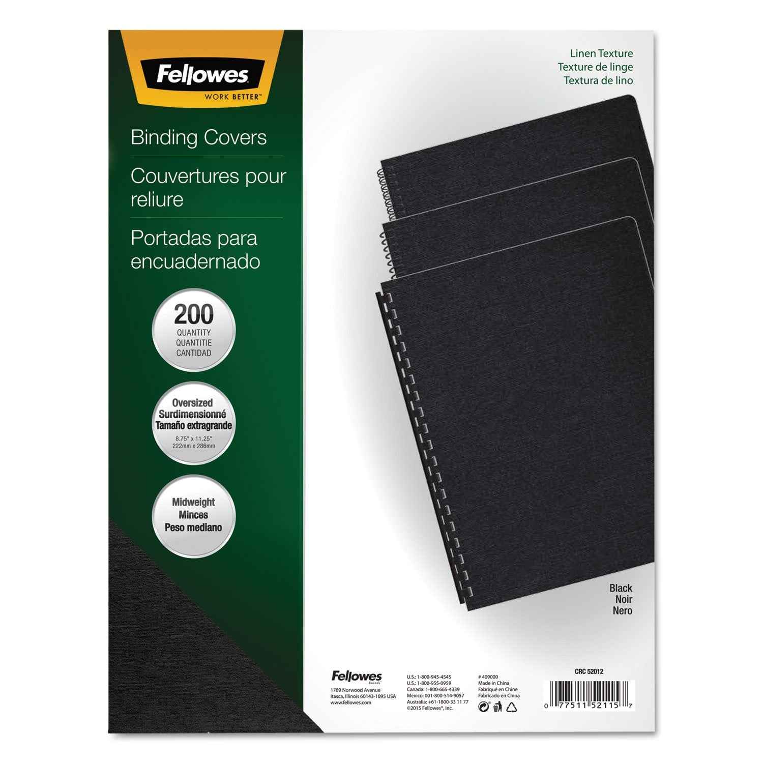 Fellowes Linen Texture Presentation Covers, 8 3/4 Inch X 11 1/4 Inch, 200 Per Pack, Black (52115)