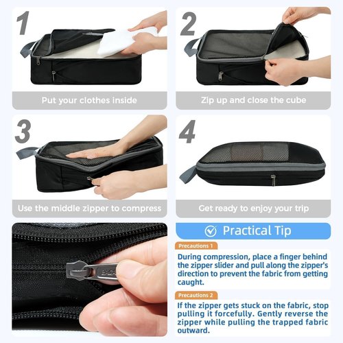 BAGAIL Compression Packing Cubes - Expandable Travel Organizers with Half Mesh Design | 6 Black Set