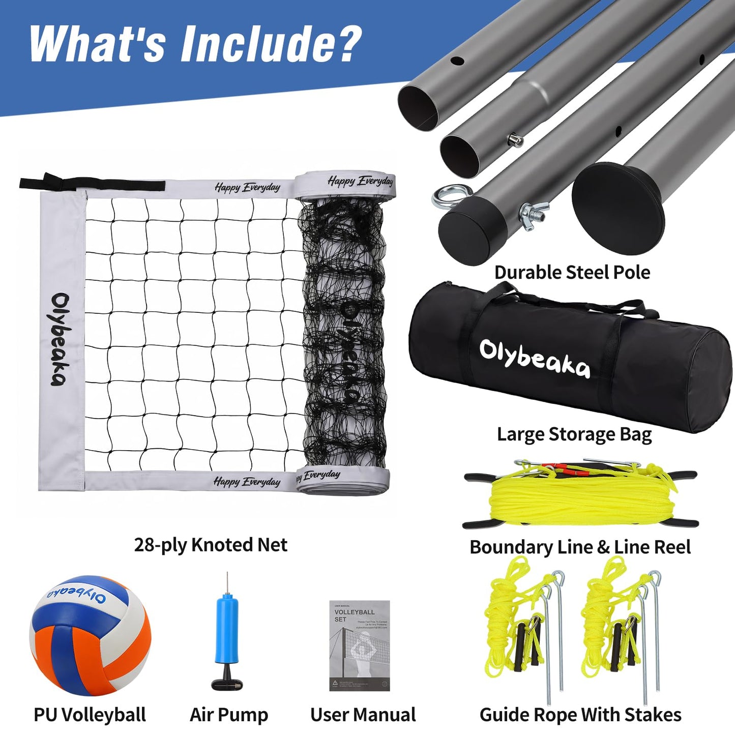 32ft / 20ft Portable Outdoor Volleyball Net Set for Grass Backyard Beach with 1.25" Height Adjustable Steel Poles, 28-ply Durable PE Net, PU Volleyball & Pump, Carry Bag (White, 32ft)