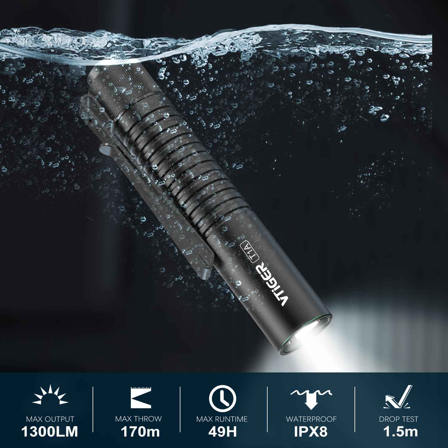 VTIGER T1A Mini Pocket EDC Flashlight with Clip,1300 Lumen Compact AA Rechargeable LED Little Flashlights, Super Bright Tail Switch Small Flash Light with Magnet for Camping,Hiking,Outdoor,Emergency