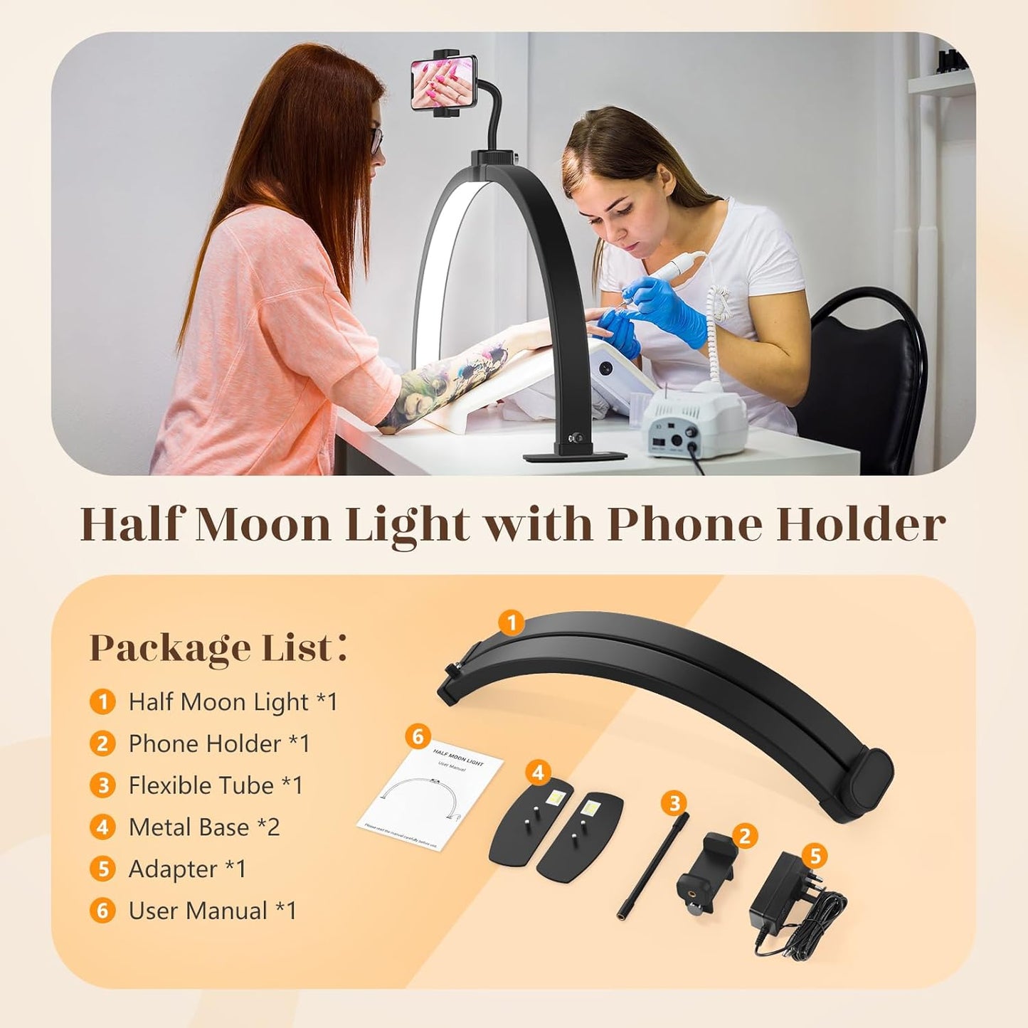 Yokilly Foldable Half Moon Nail Desk Lamp with Phone Holder - 3 Color Modes & 10 Brightness Levels for Manicure Salon