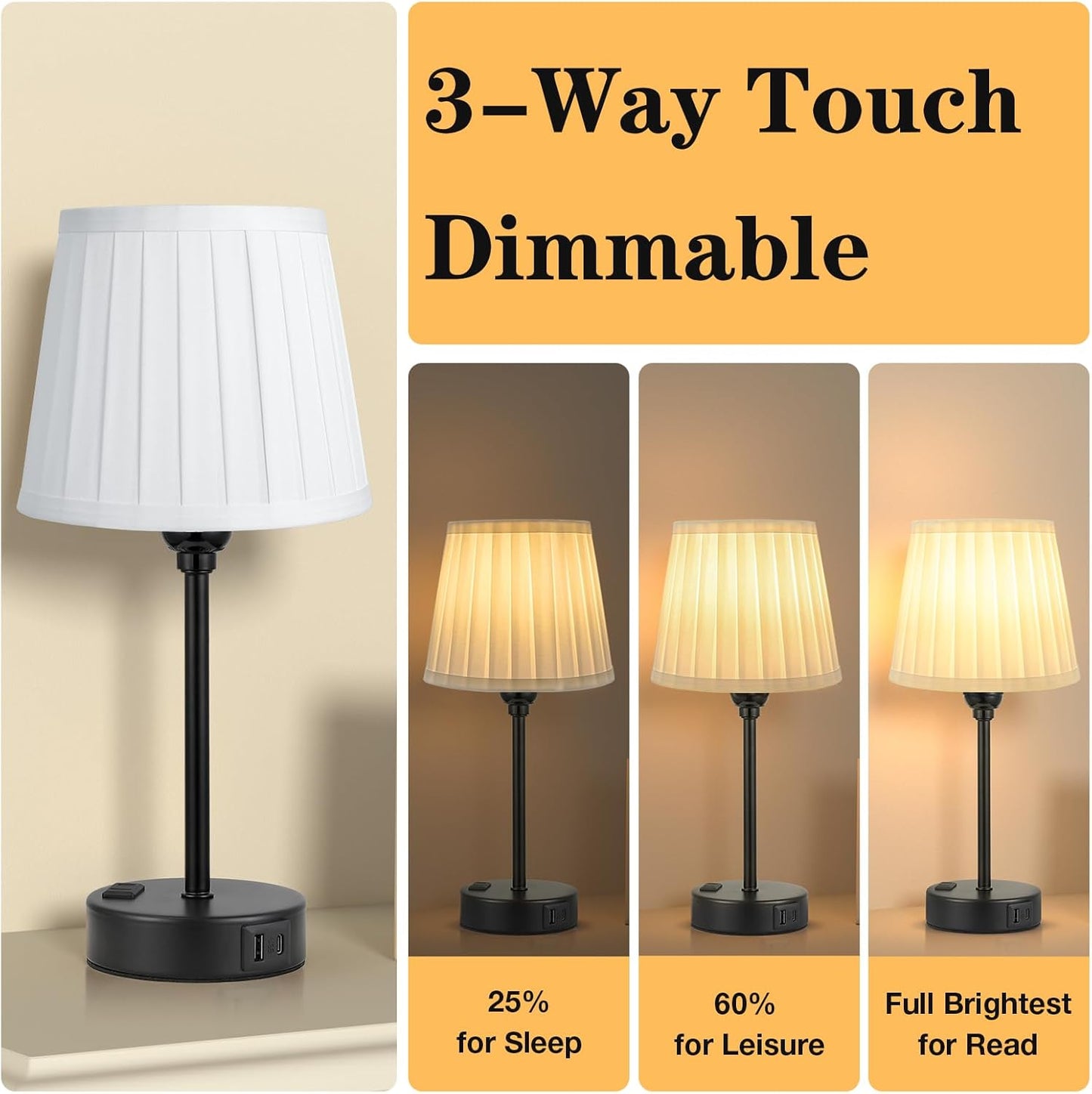 Set of 2 Mini Bedside Lamps with USB-C & AC Outlet - Dimmable Touch Nightstand Lights for Bedrooms