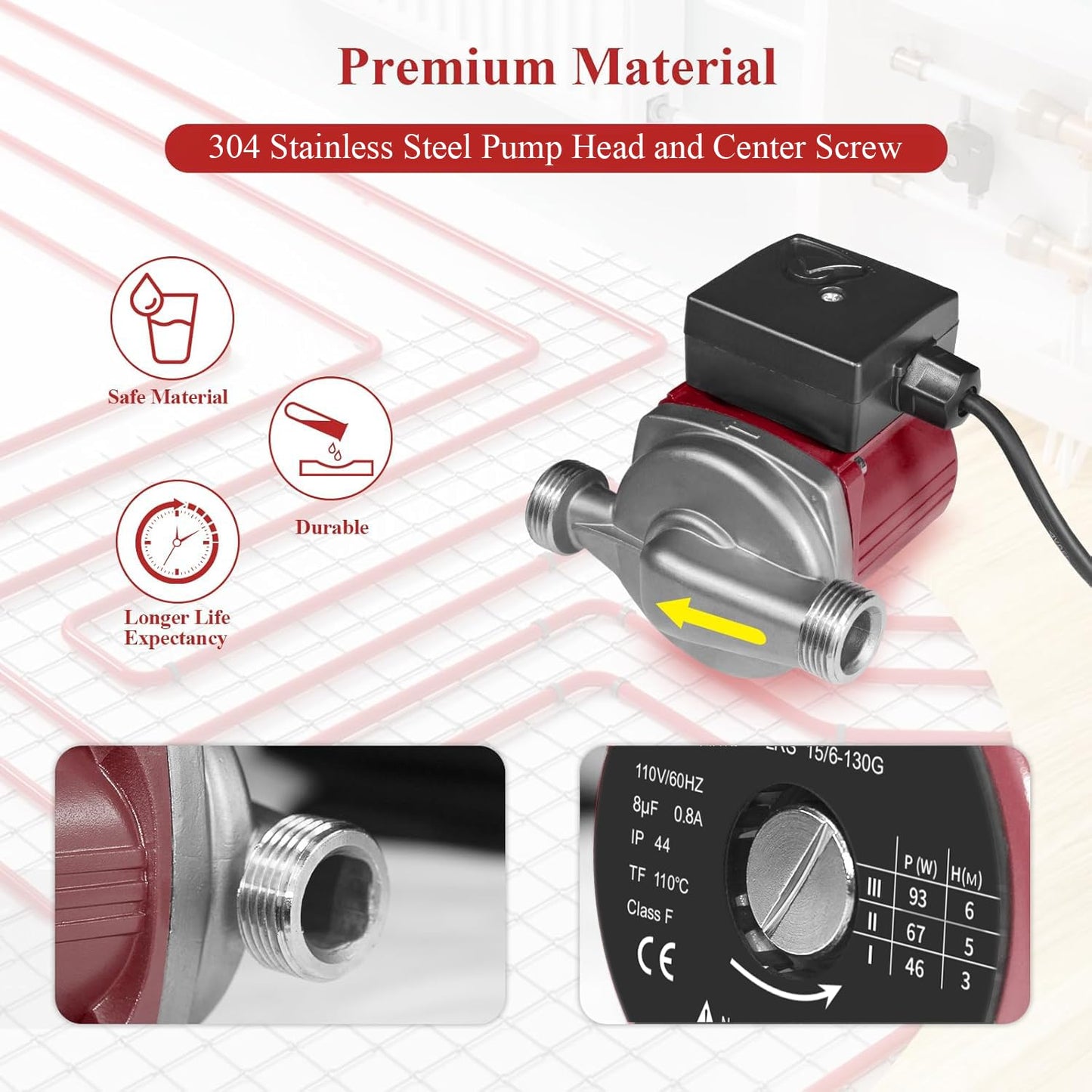 WiseWater 304 Stainless Steel Hot Water Recirculating Pump, 3-speed with 3/4'' NPT Adapters, 110 V Pressure Booster Pump for Floor Heating, Radiator Heating, Hot Water Supply (Red)