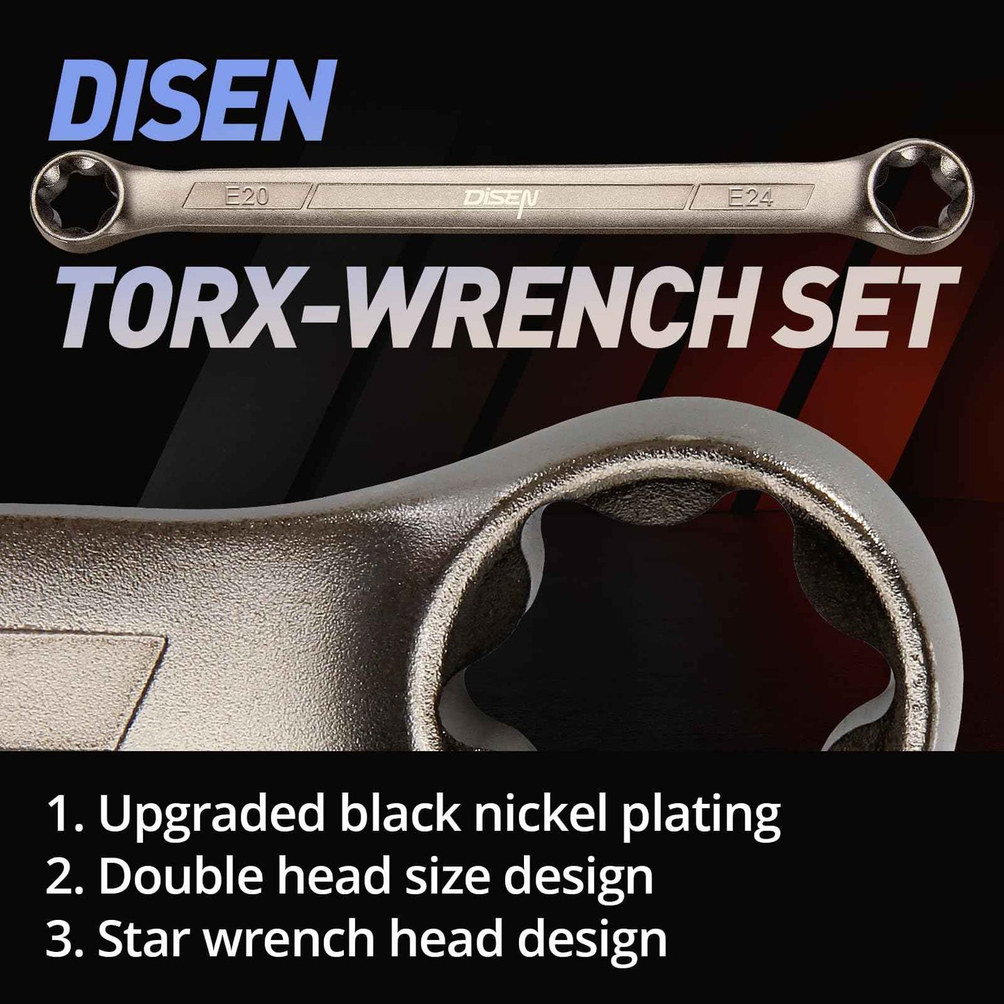 DISEN 2025 Upgraded 4-Piece E-Torx Wrench Set, Double Box End Wrench Set, CR-V Steel, Including E6*E8, E10*E12, E14*E18 and E20*E24