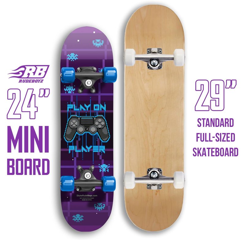 24" Mini Maple Complete Skateboard | ABEC 7 Bearings | Double Kick Concave Deck | Kids Skateboard, Ages 5-8