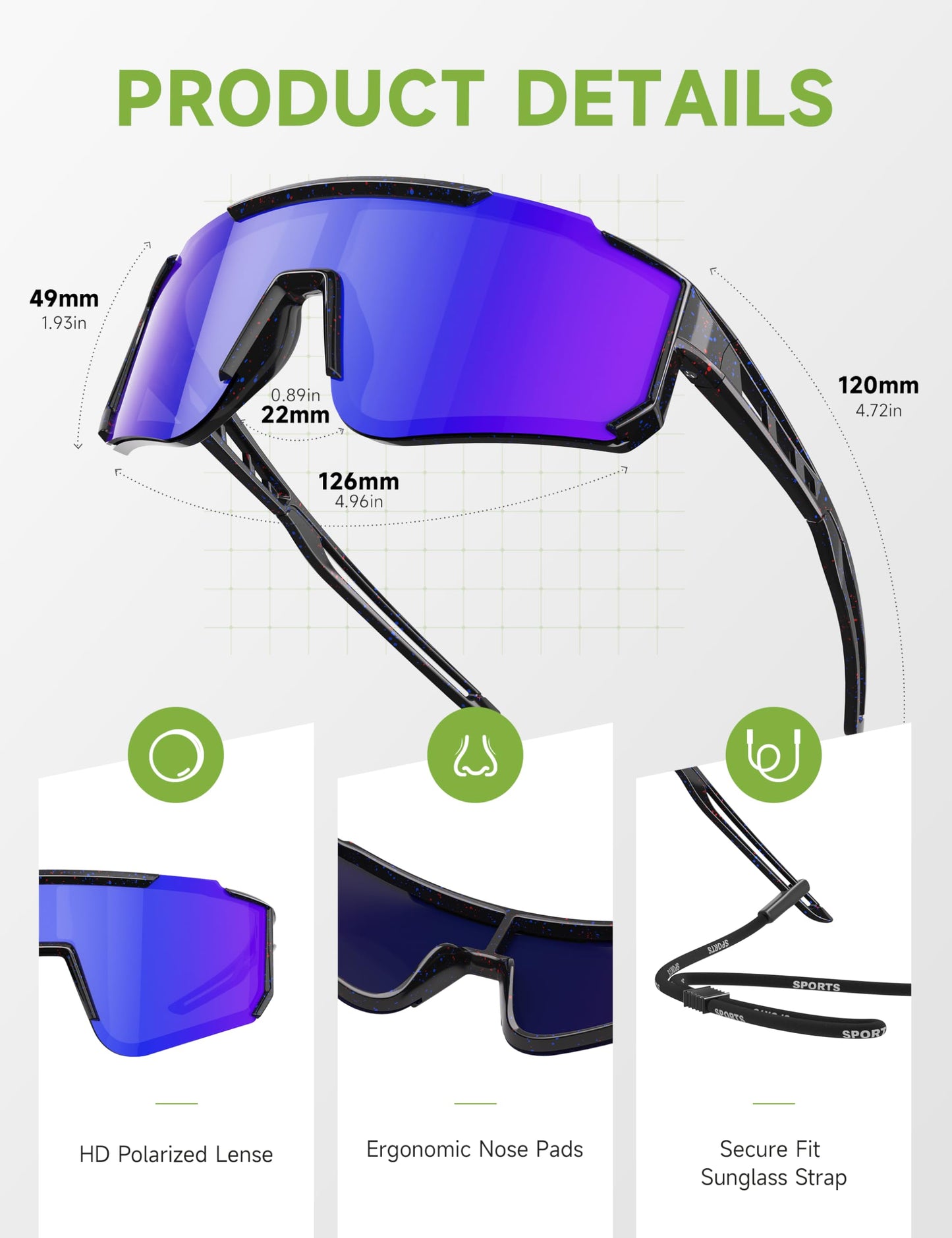 Foliful Kids Polarized Baseball Sunglasses for Boys Girls - Youth Softball Cycling Sports Sunglasses UV Protection Lightweight Goggles, Ice Blue/Green/Ice Blue