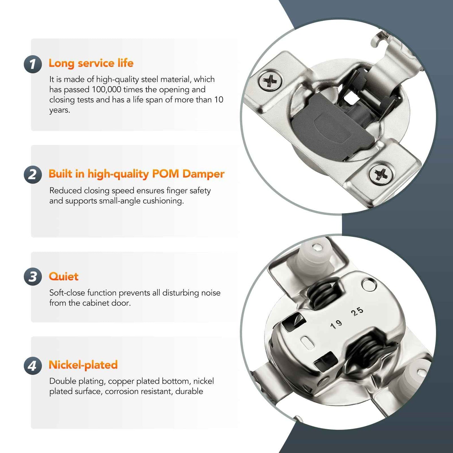 Home Expert 10 Pack (5 Pairs) 1/2" Overlay Soft Close Cabinet Hinges, Satin Nickel Stainless Steel Concealed Hinges with 3D Self-Closing for Face Frame Doors & Kitchens