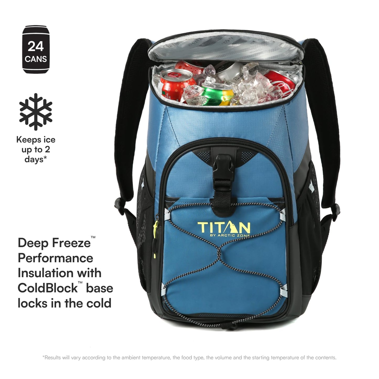 Titan by Arctic Zone Backpack Cooler, Insulated Soft Sided Bag with Leak Proof Lining and Padded Straps, for Lunch, Picnic, and Travel, 24 Can Capacity, Marine Blue