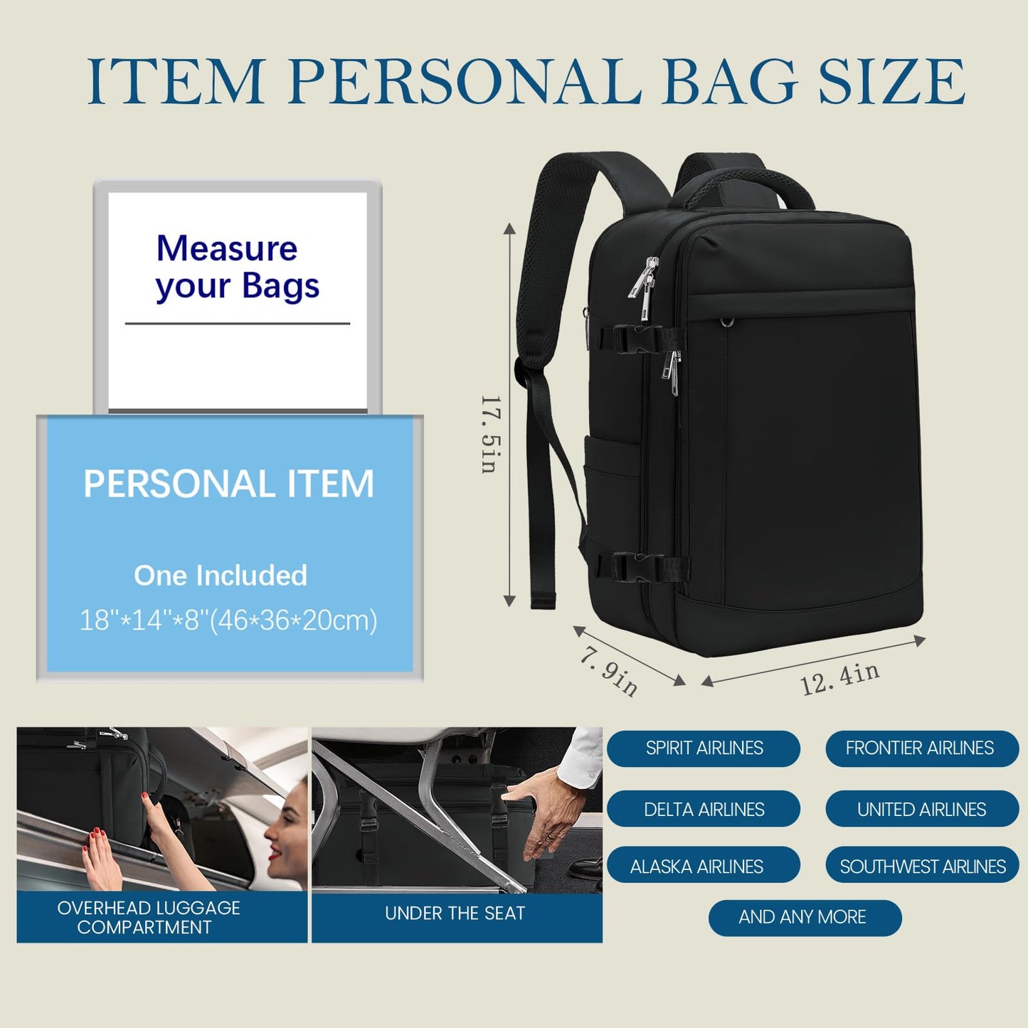 Lossga for Spirit Airlines Personal Item Bag 18x14x8 Inches Travel Bag Mens Travel Backpack for Women Fit Up to 17 inch Weekender Bags With Usb Charging Port Carry on Flight Approved