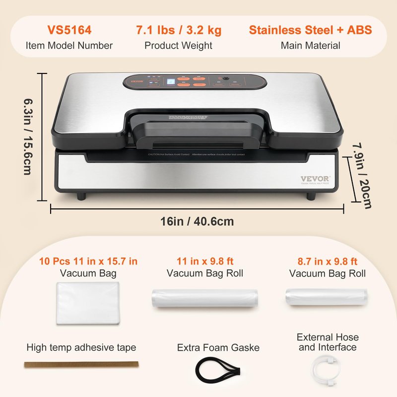 VEVOR Vacuum Sealer Machine, 80Kpa 120W Powerful Compact Food Sealer, 7-in-1 Multi-Functional Food Vacuum Sealer, Automatic Air Sealing System with Built-in Cutter with 10 Vacuum Bags & 1 Bag Roll
