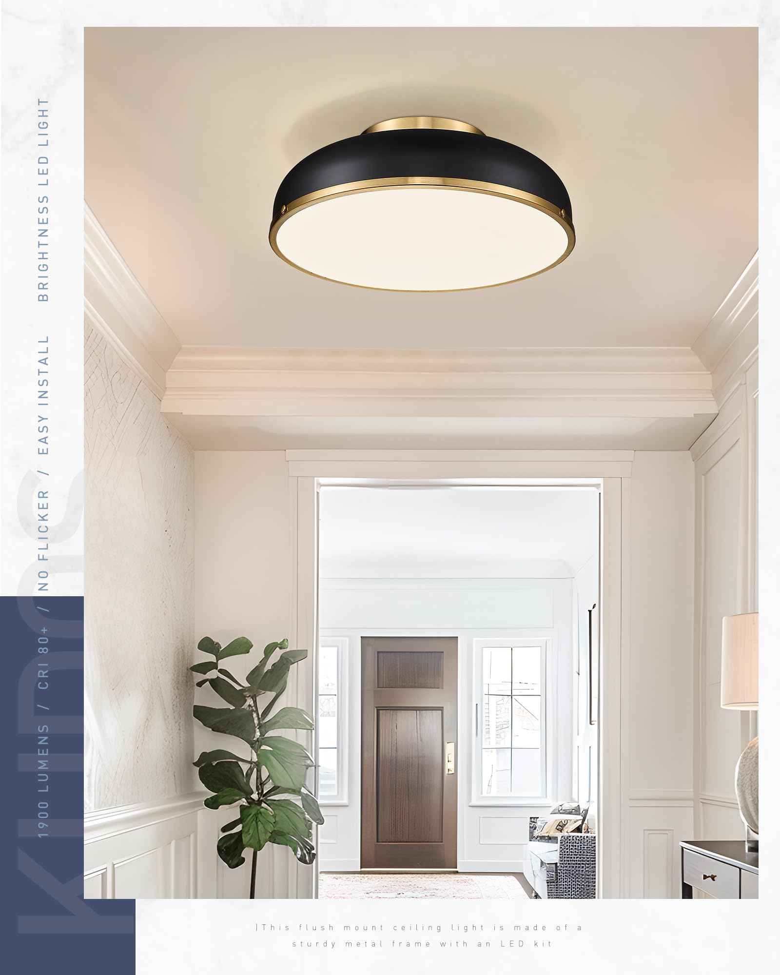 kudos Ceiling Light, 16-inch LED Flush Mount Ceiling Light, Black and Gold Finish, 30W/1900lm Light Fixtures Ceiling Mount for Bedroom,Hallway, 3000K/3700K/4500K/5100K/6000K Adjustbale, KDCL15-BK-L