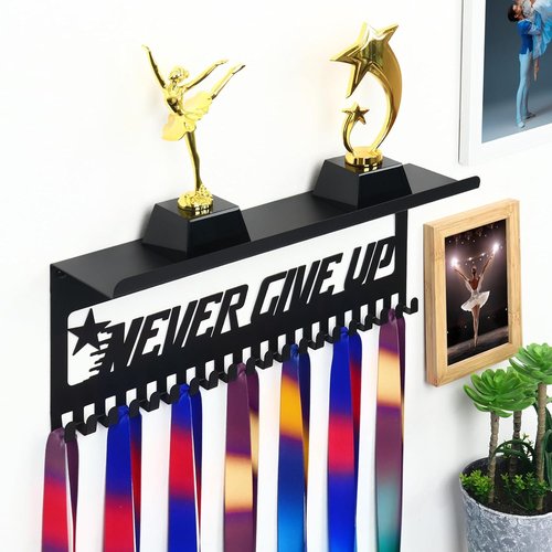 Bnesi Black Metal Medal Holder | Adjustable Trophy Wall Frame - Foldable Organizer for Trophies and Medals