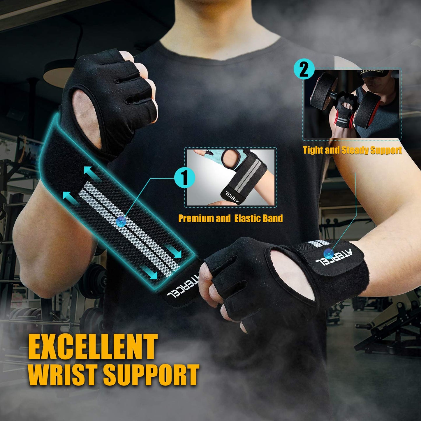 ATERCEL Weight Lifting Gloves Breathable Workout Gloves with Wrist Support for Gym, Exercise, Pull ups, Super Lightweight for Mens and Women, Full Palm Protection (Black, S)