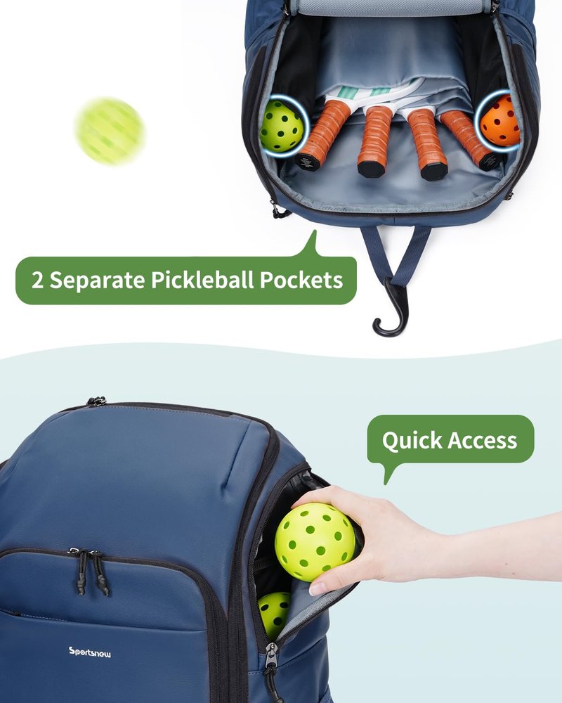 sportsnew Pickleball Bag, Waterproof Pickleball Backpack for Women Men with Shoe Compartment & Fence Hook, Navy Blue Patent Pending