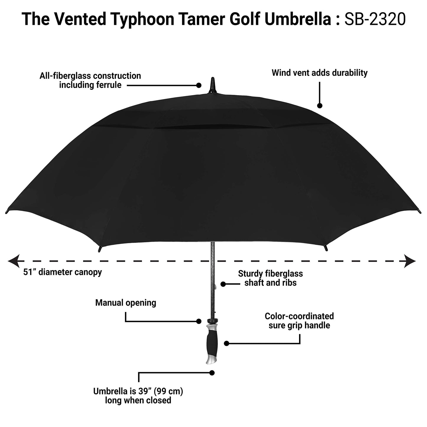 The Typhoon Tamer 62 Inch Vented Windproof Double Canopy Large Golf Umbrella for Rain & Wind, Strong Oversized Lightweight Professional Quality Golfers Umbrella for Men & Women, Purple/White