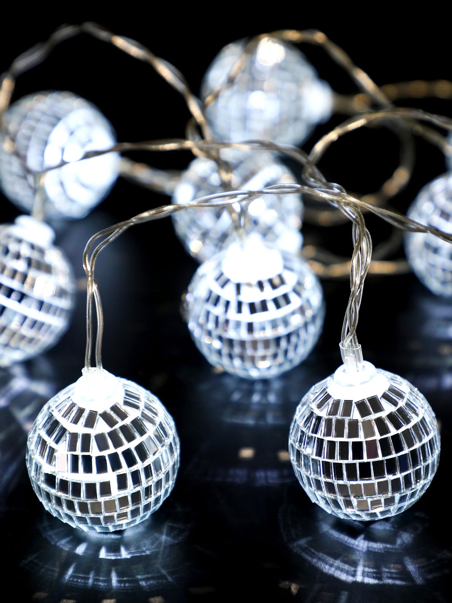 BBTO LED Disco Ball String Light Battery Powered Mirror Balls Ornaments for Outside Backyard Porch 70s 80s Disco Party Supplies(1.18 Inch,Silver White)