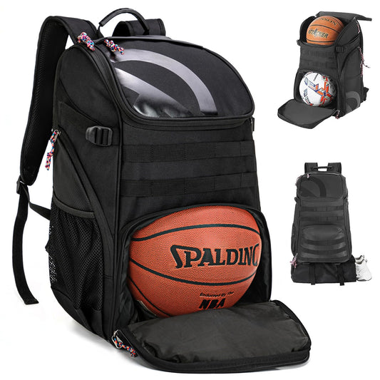 TRAILKICKER Basketball Bag Backpack with Ball Holder Multi-Sport Backpack for Soccer Volleyball Football Baseball Helmet (TK2-Black, Large)