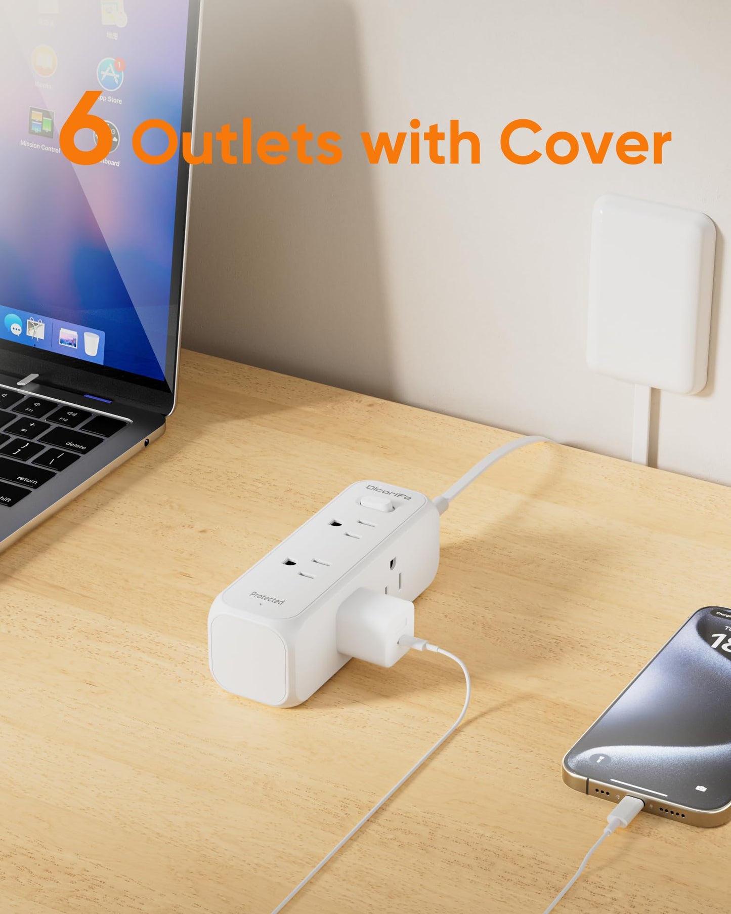 Olcorife Flat Outlet Extender with Cover, Flat Plug Power Strip with 6 AC Outlets, 2000 Joules Surge Protector, 3FT Flat Extension Cord, Home Office Travel Dorm Room Essentials