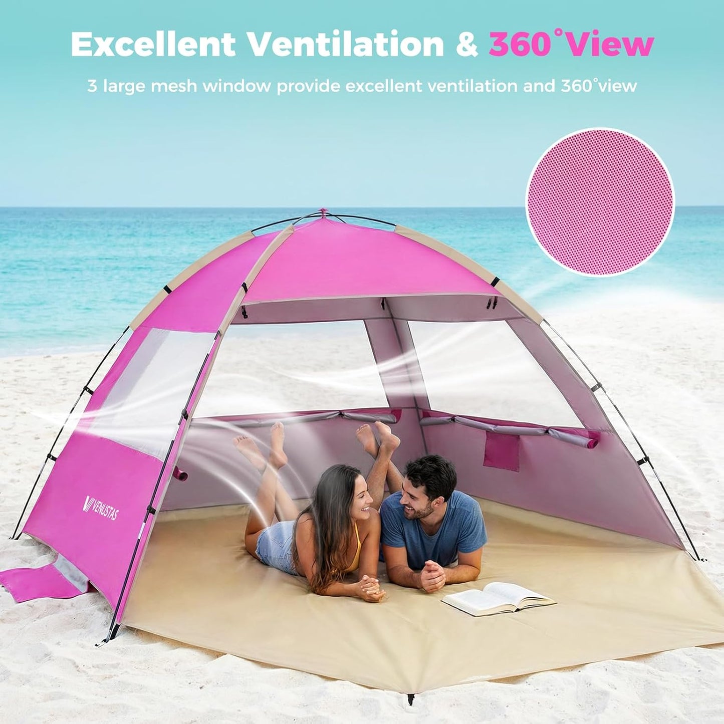 Venustas Beach Tent - UPF 50+ UV Protection Sun Shelter for 3-8 People | Lightweight & Easy Setup
