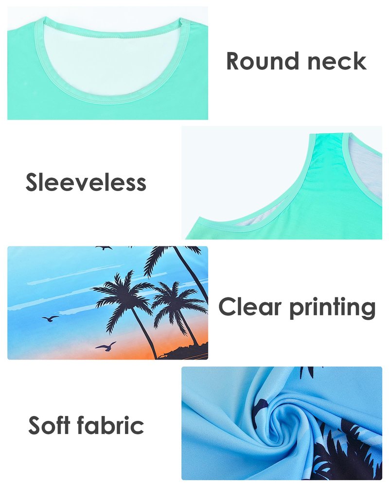 Nidoul Mens Beach Tank Tops Summer Graphic Palm Tree Sleeveless Shirts for Men Vacation Gym Running Workout Tank Top, Retro Blue Orange L