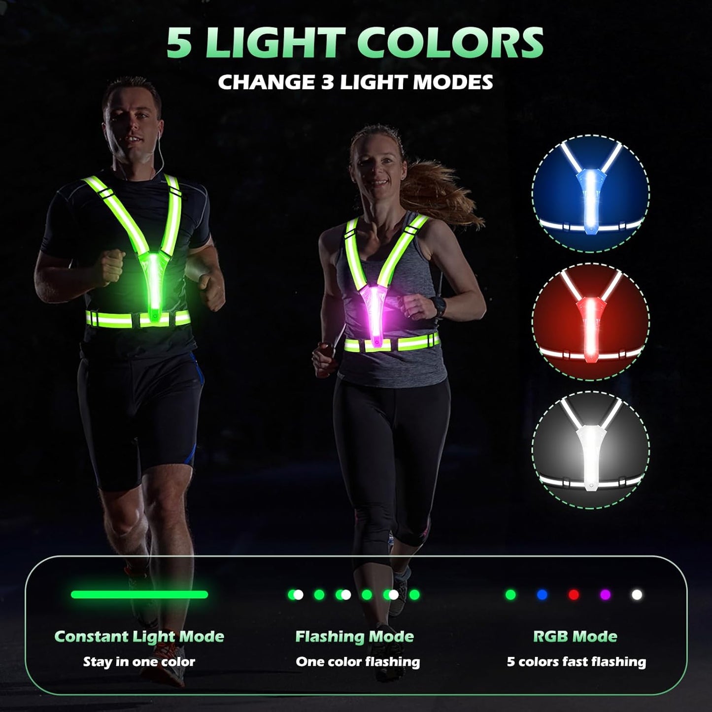 Skiennix LED Reflective Running Vest - Rechargeable Light Up Vest with 3 Modes & 5 Colors for Safety