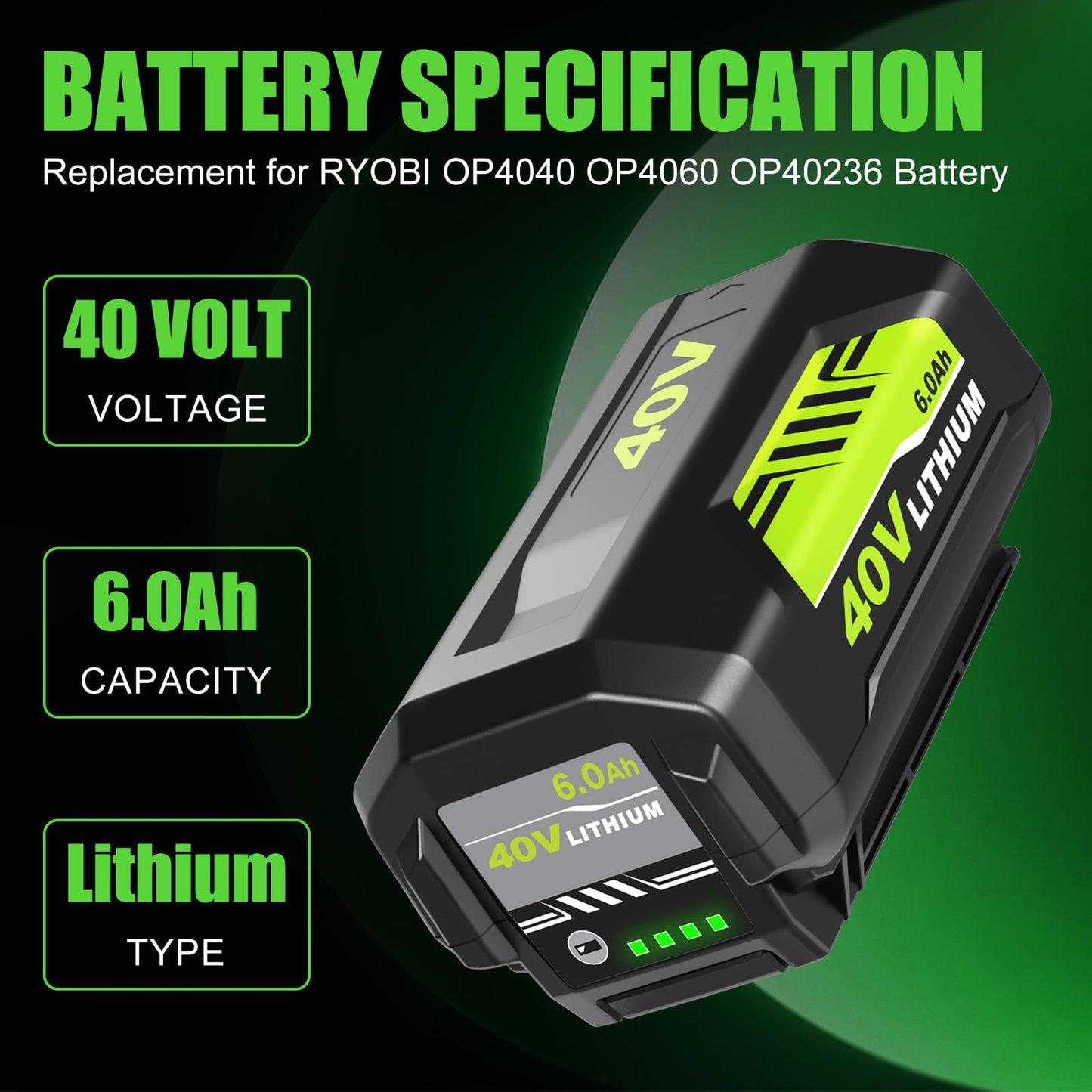 Replacement for Ryobi 40V Battery 6.0Ah OP40601 OP40602 OP4075A OP40261 OP40404 OP4050A Compatible with Ryobi 40Volt Battery Cordless Tools
