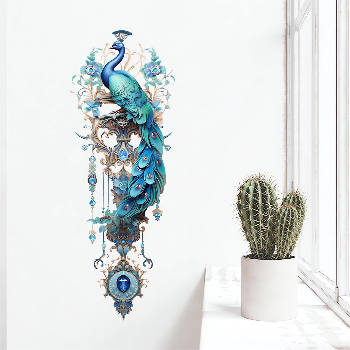 sacinora Gorgeous Blue Peacock Painted Wall Stickers, Peacock Pendant Art Wall Decals Removable Vinyl Peel and Stick for Living Room Bedroom Sofa TV Background Home Decorations