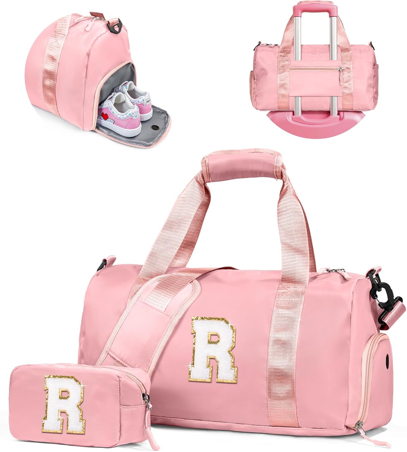 Skiennix Girl Gym Bag - Personalized Weekender Tote with Shoe Compartment & Makeup Pouch | Ideal Birthday Gift for Ages 4-10 (Letter R)