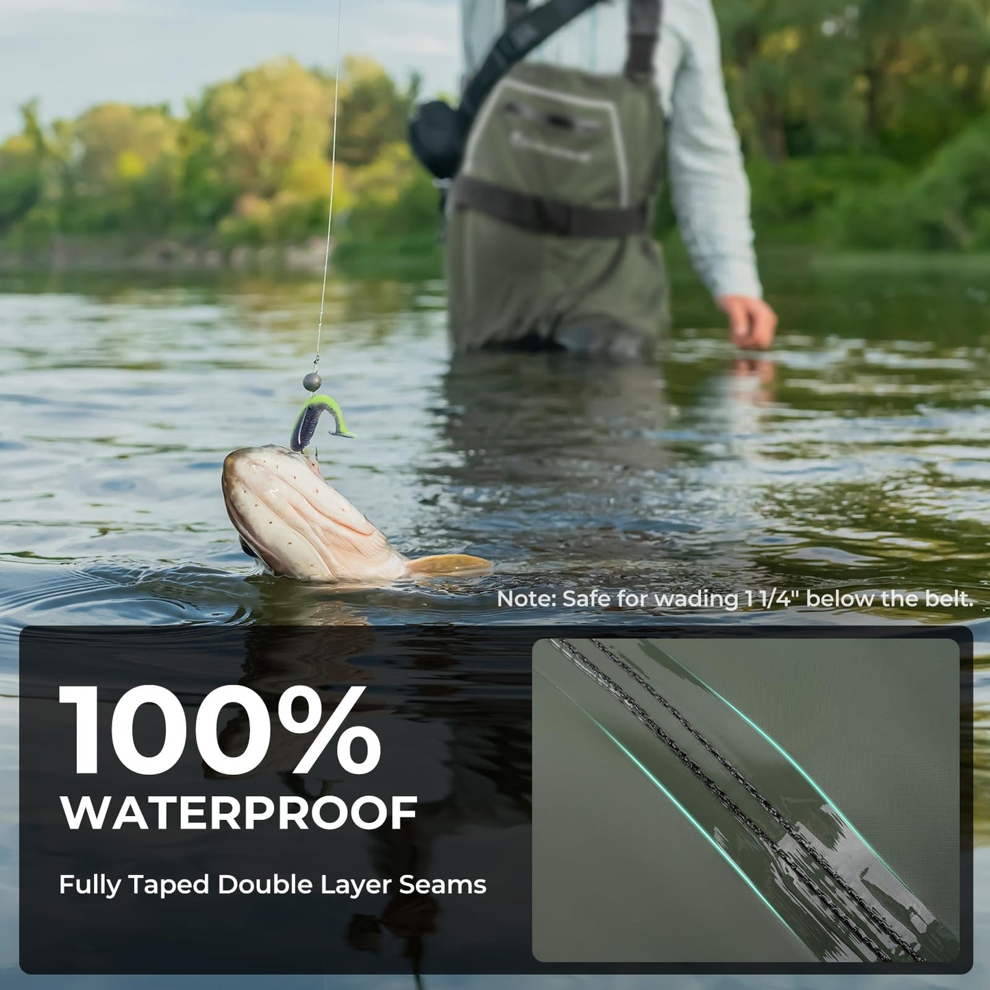 Calamus WaveWalker Fishing Waders for Men & Women, 100% Waterproof PVC Chest Waders with Slip-Resistant Boots, Tear-Resistant Nylon, Ample Storage, Wader Hanger, Military Green, 11