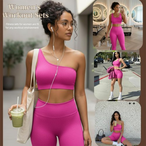 Floraltop 4 Pcs Women's Workout Sets Pilates Exercise Outfit Ribbed Scoop Neck Sports Bra Shorts Leggings Gym Clothes Set(Small,Rose Red)