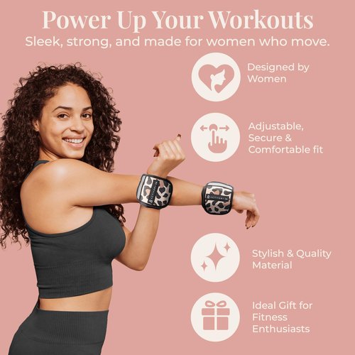 Activery Co. Wrist & Ankle Weights for Women, Ideal for Fitness Workout, Gym, Pilates, Dance, or Yoga, Includes Exercise Guide & Mesh Travel Bag, 1 Pair, 1 Lb Each, Leopard Print