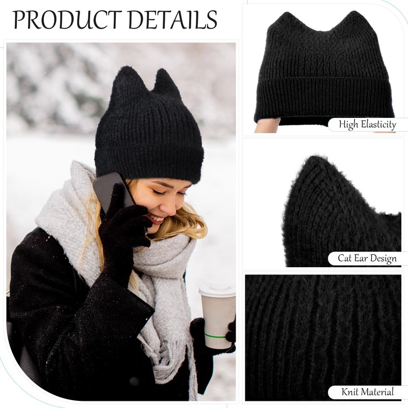 Silicherry 3 Pack Winter Cat Ear Knit Beanie Hats for Women, Soft Warm Slouchy Beanies, Stretchy Cuffed Caps for Adults(Black,Grey,White)