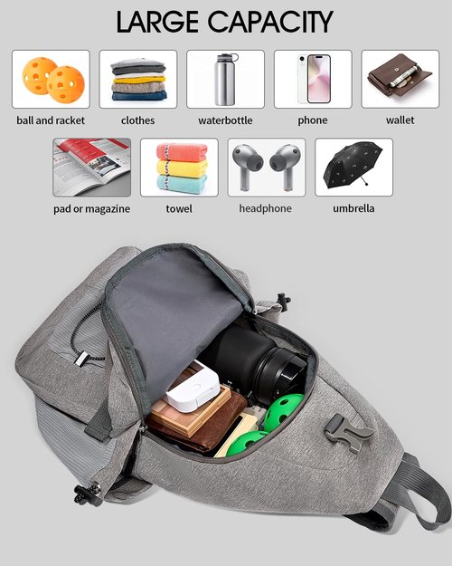 Foresee PickleballBag Men's Women's Pickleball BackpackTennisRacketballSlingBagPaddle BagLarge CapacitySafety Pocket withWaterBottleHolder (gray)