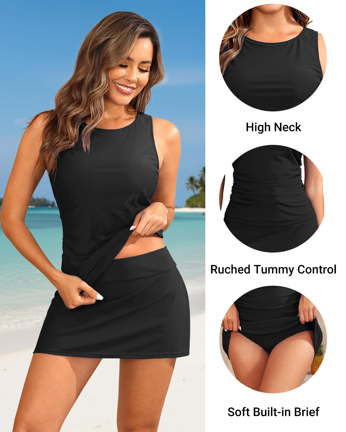 Daci Womens Black Tankini Swimsuits with Skirt - Two Piece Tummy Control Bathing Suits High Neck Swimwear XL