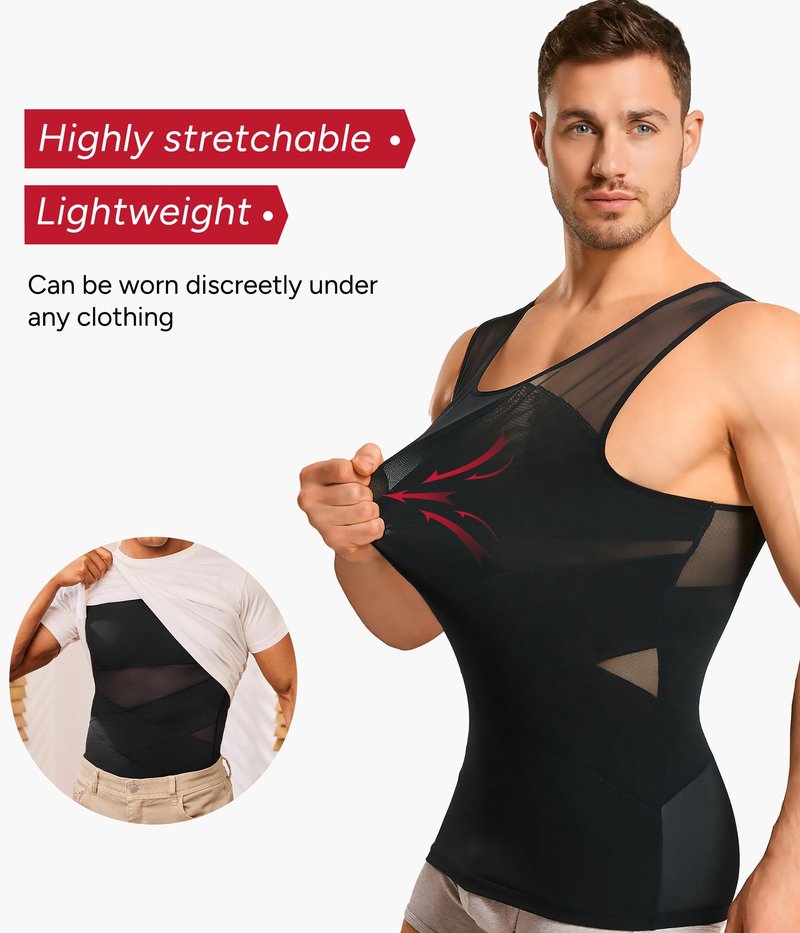 Nebility Mens Compression Shirt for Gynecomastia - Sleeveless Slimming Undershirts Body Shaper Vest Mesh Shapewear Workout Tank Tops Black