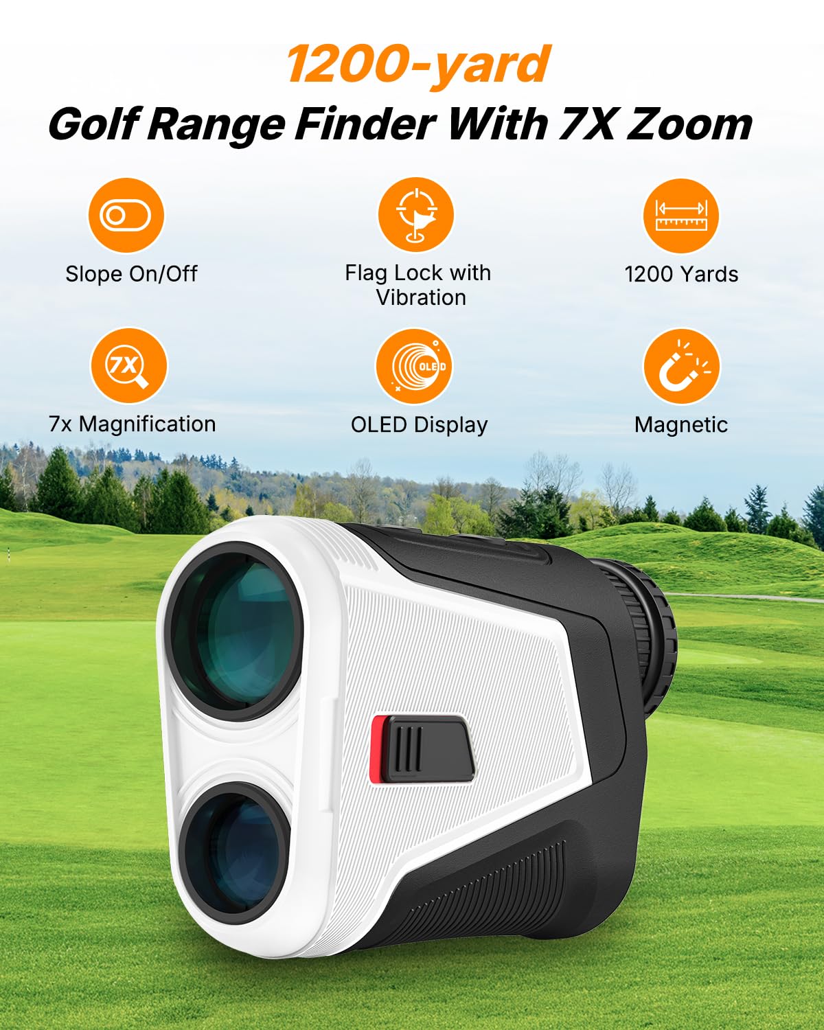 WOSPORTS Red OLED Display Golf Rangefinder with Slope, Ultra-Clear 1200 Yards 7X Magnification Laser Range Finder, Magnetic/Flag Pole Locking Vibration