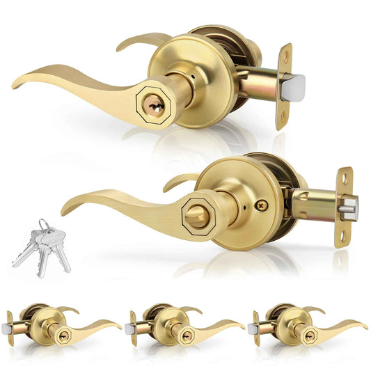 Gaurqiah 5 Pack Brushed Gold Door Handles Interior Wave Style（Keyed Alike）， Keyed Entry Gold Door Handles with Same Key and Lock, Reversible Door Lever for Bedroom、Bathroom、Closet, Satin Brass