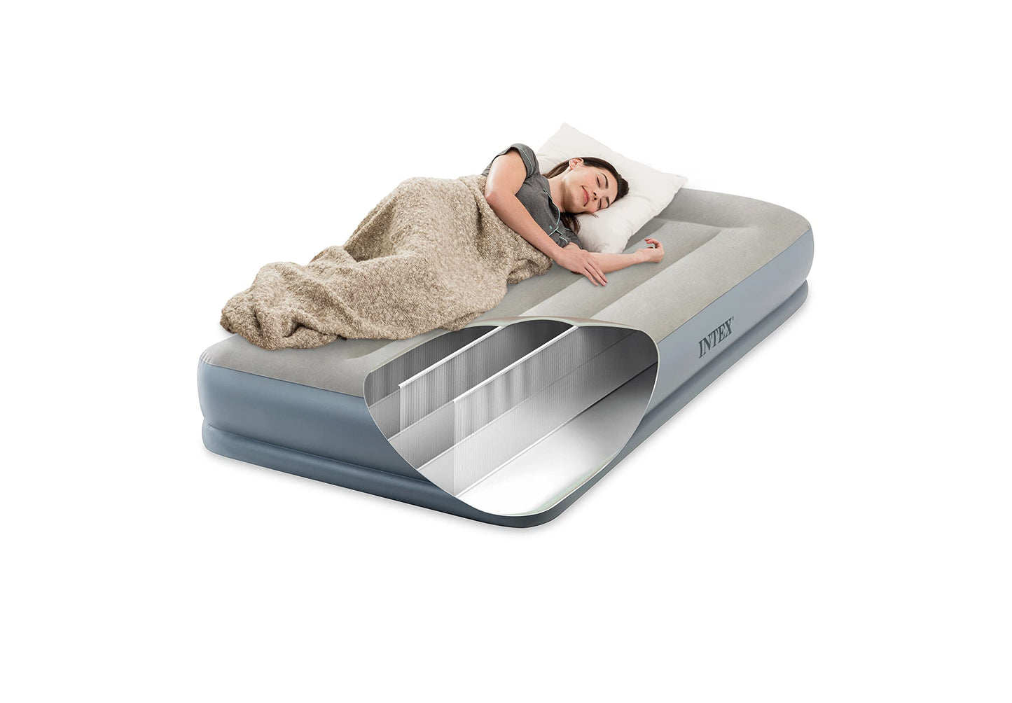 Intex 64115ED Dura-Beam Standard Pillow Rest Air Mattress: Fiber-Tech – Twin Size – Built-in Electric Pump – 12in Bed Height – 300lb Weight Capacity