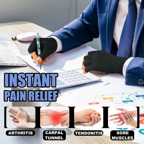 2 Pairs Copper Arthritis Gloves for Carpal Tunnel Pain Relief, Compression Gloves to Alleviate Hand Pain, Swelling, Fingerless Computer Typing Gloves for Rheumatoid, Tendonitis Women & Men (Medium)