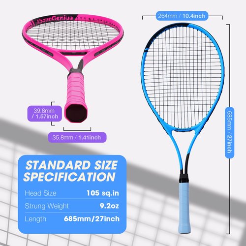 AboveGenius Neon Pink & Blue Tennis Rackets 2 Pack for Adults- 27" Lightweight Aluminum Tennis Racquet Set with 3 Balls & Bag - Stylish Matte Pop-Color Starter Kit for Couples & Friends