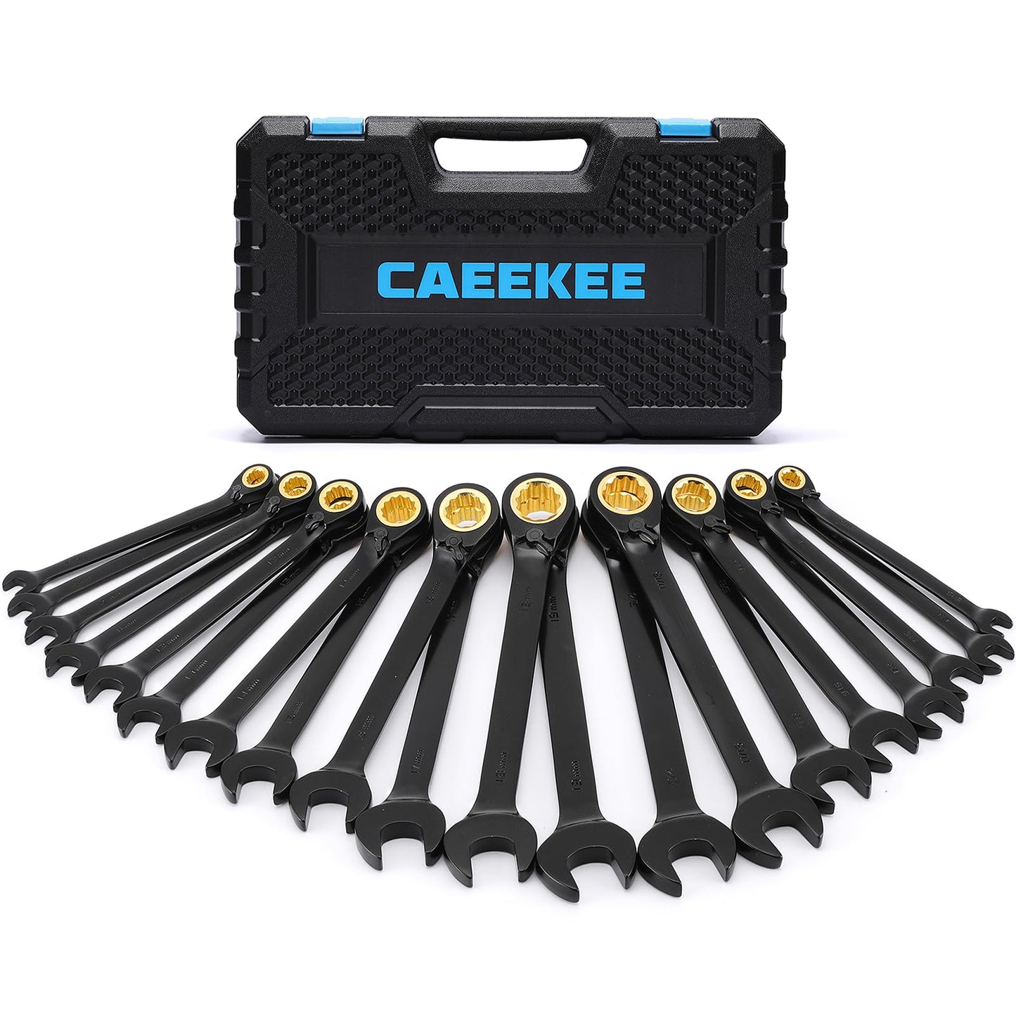 CaeeKee 20PCS 72-Tooth Reversible Ratcheting Combination Wrench Set, Metric & SAE, 8mm - 19mm, 5/16" - 3/4", 12 Point, CR-V Steel, With Organizer Box