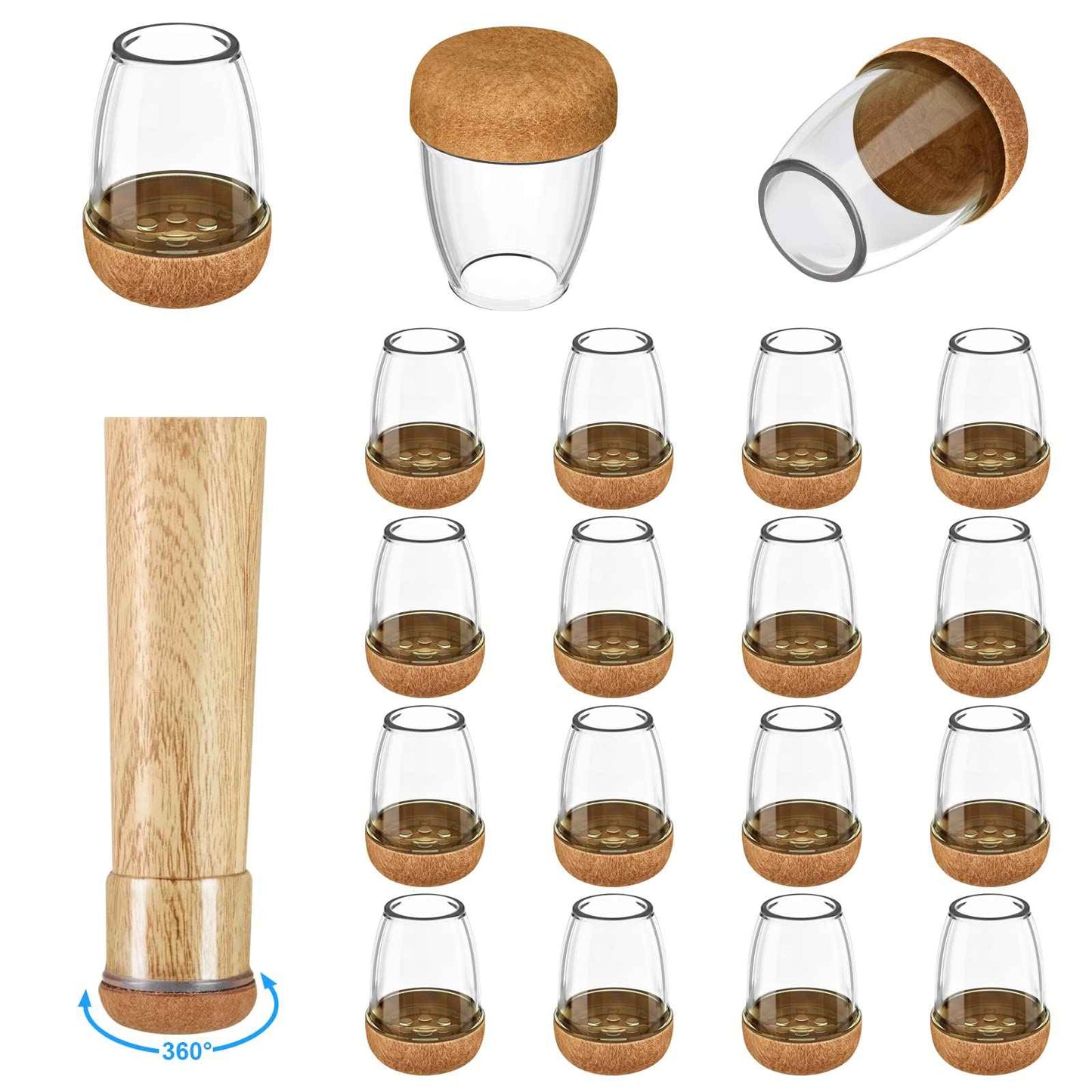 16 Pack Chair Leg Floor Protectors for Hardwood Floors, Round Rubber Furniture Sliders, 360°Felt Pad Bottom Wrapped Thickening Silicone Furniture Legs Caps Covers(Round,Clear-Brown-S)