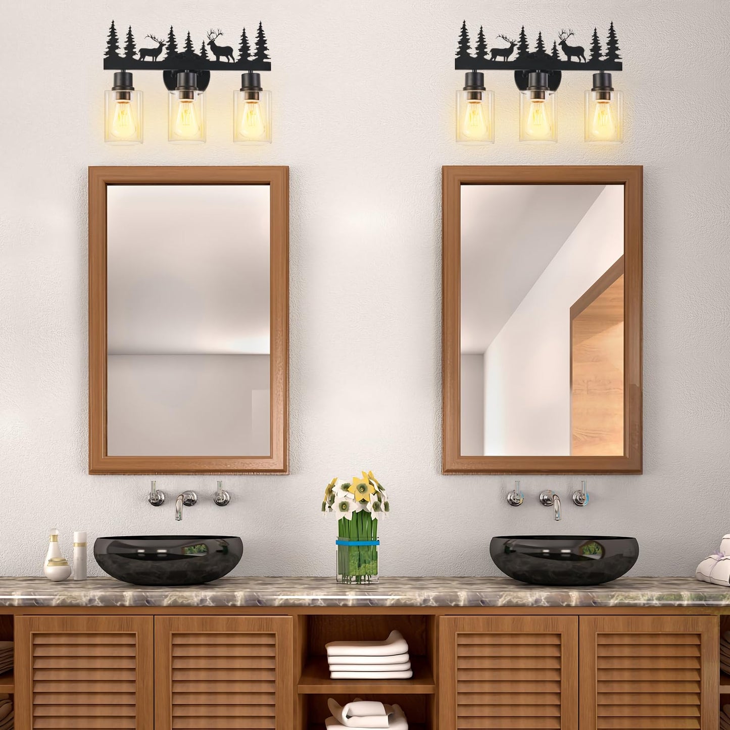Monyohame Farmhouse Rustic Deer Bathroom Light Fixtures, 3-Light Black Vanity Lights with Clear Glass Shade, Wall Lamp for Bathroom, Living Room, Hallway, Kitchen, Cabnet, Porch
