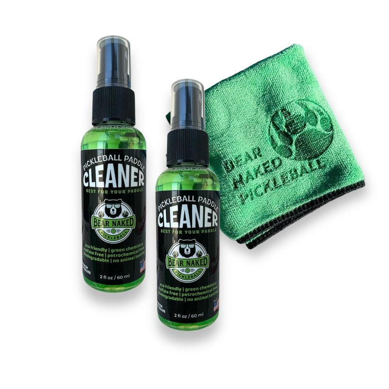 Pickleball Paddle Cleaner Spray Kit - Made in USA Formula - Maintains Paddle Surface - Optimal for Carbon Fiber, Graphite & Kevlar - Two 2oz Bottles with Microfiber Towel