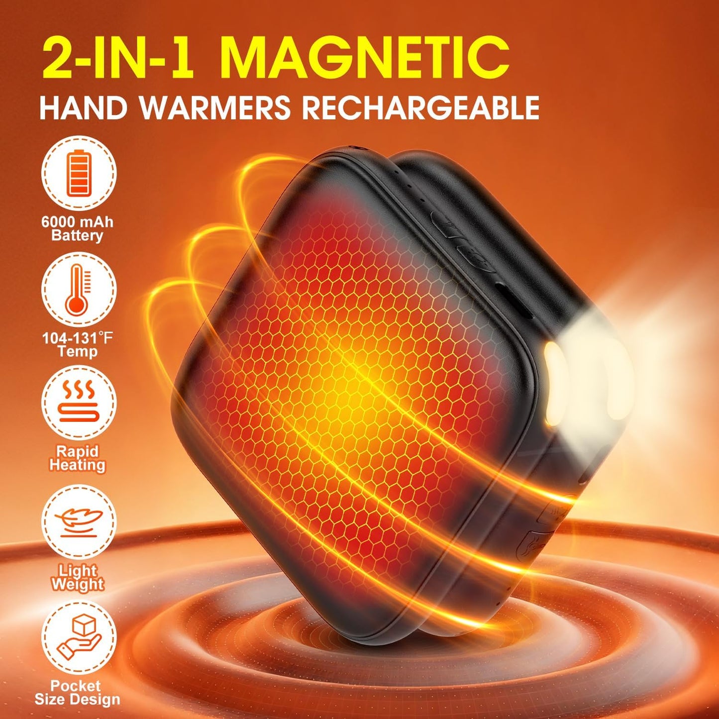 Skiennix Rechargeable Hand Warmers - 6000mAh Fast Heating Portable Pocket Heater | 3 Temperature Settings, LED Light, Ideal for Hunting & Holiday Gifts